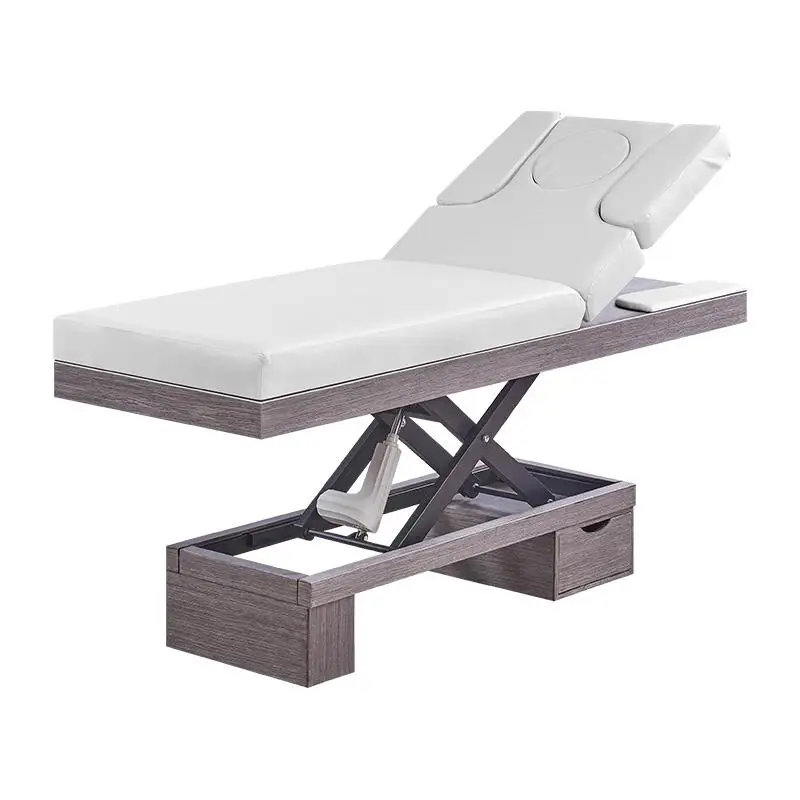 Chinese Style Wooden Base Massage Table Height Adjustable Electric Spa Beauty Facial Bed School Drawer for Salon Hotel Gym