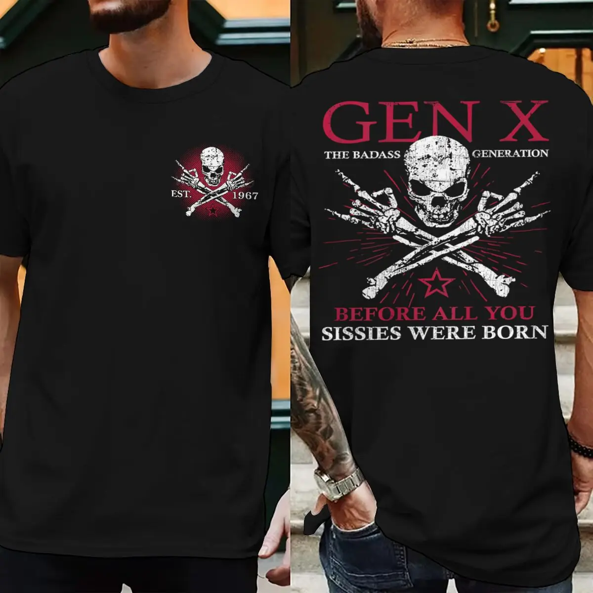 Men's Est 1967 Print Funny Gen X The Badass Generation Raised By Skulls T-Shirt Short Sleeve Male Crew Neck Generation X Shirts
