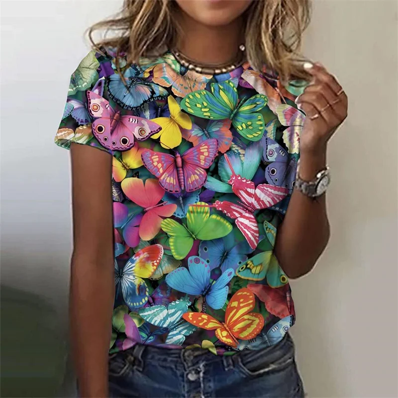 3D Printed Butterfly T-Shirt For Women Colorful Insects Pattern Tees Summer Casual Short Sleeve Round Neck Tops Loose T Shirts