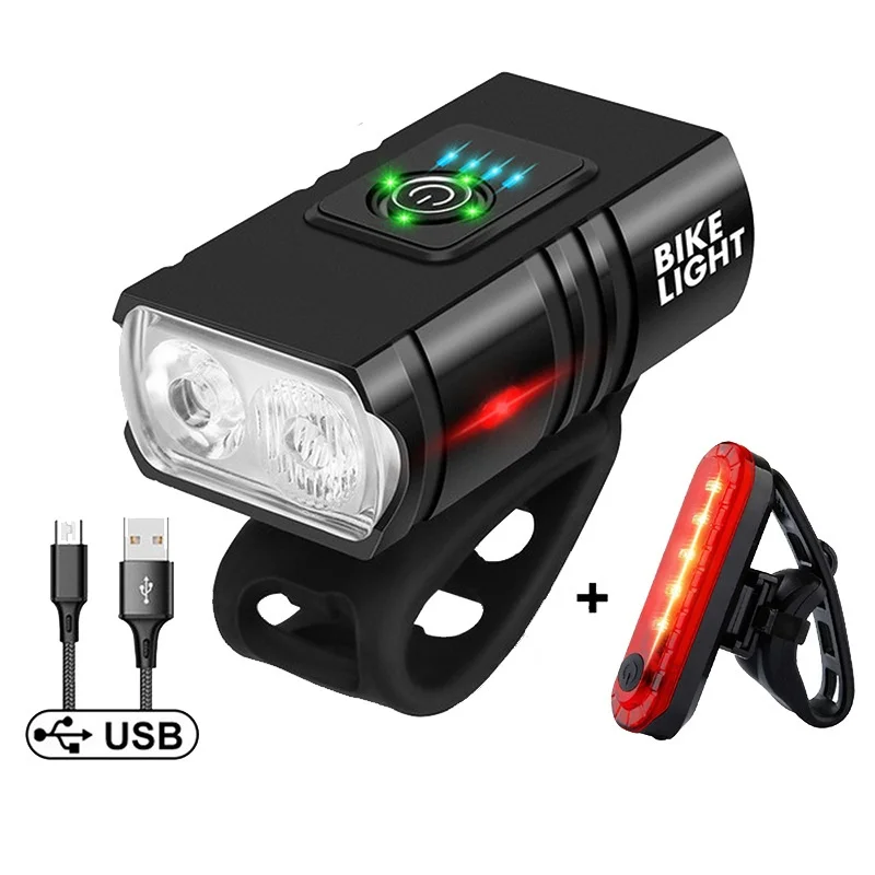 USB recarregável frente bicicleta luz LED com Power Display, farol impermeável, lanterna, ciclismo acessórios