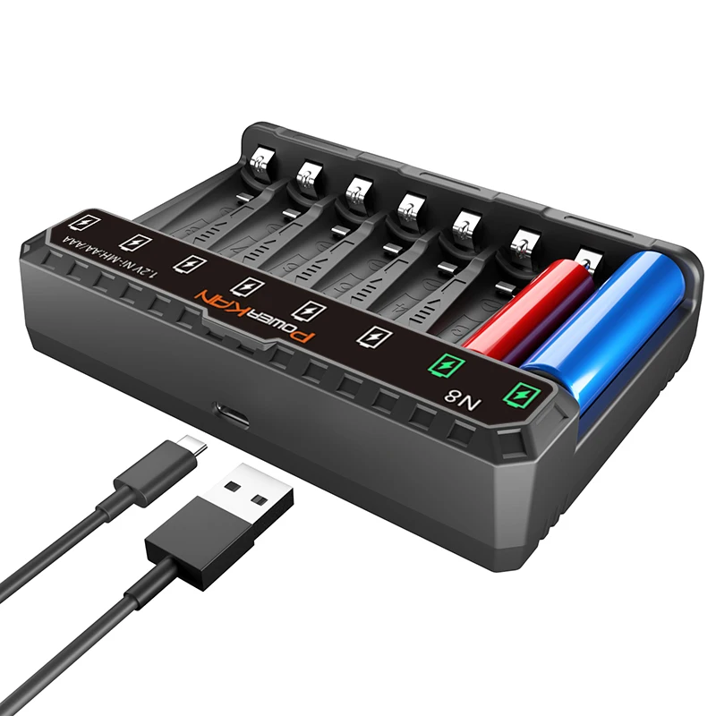 POWERKAN N8 Battery Charger LED can be independently used for 8 1.2V Ni-MH/Cd AA AAA rechargeable batteries USB 5V 2A Type-C