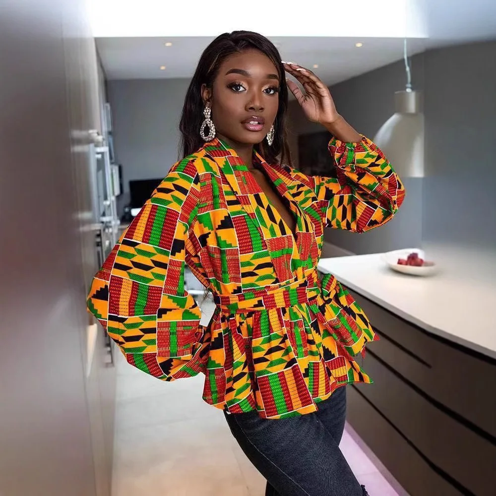 African Style Digital Print Cardigan Strap Women's Lantern Sleeve V-Neck Coat Long Sleeve Top Ropa Mujer
