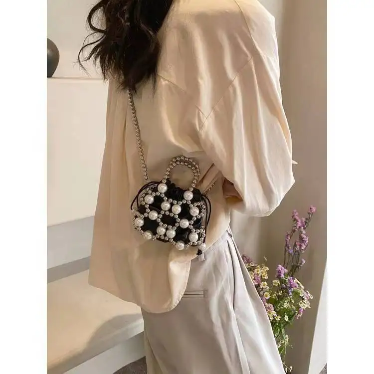 

Luxury Beaded Handbags Hollow Woven Pearls Bags for Women Fashion Drawstring Shoulder Bag Lady Evening Bag Party Wedding Clutch