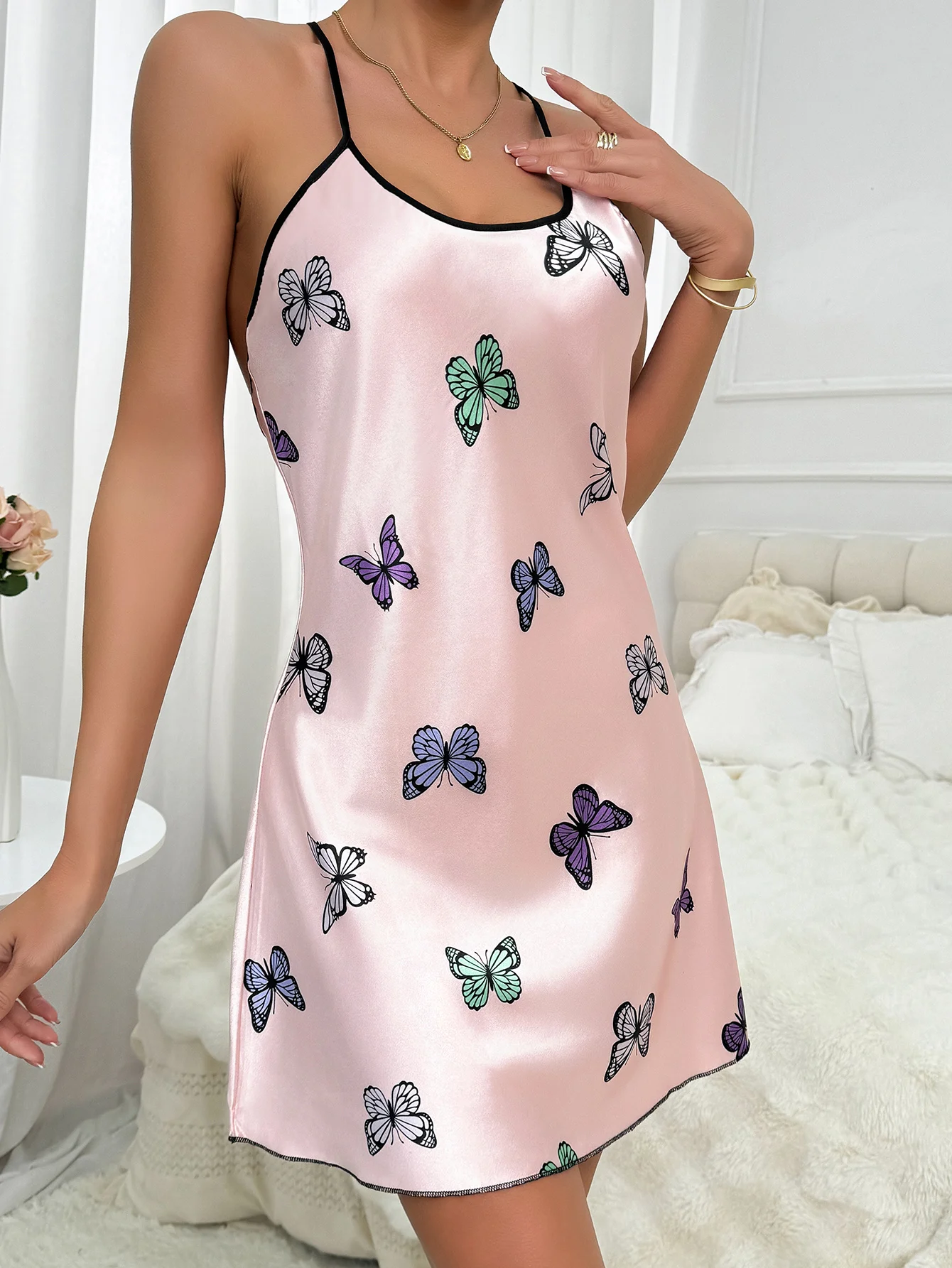 Spring Summer Ladies silk sexy pink butterfly print slip nightdress Slip dress