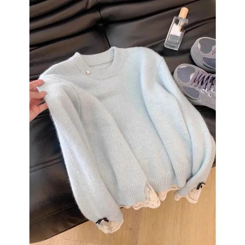 

Knitted Sweater Blue Lace Bottoming Sweet Sweater Autumn and Winter New Bow Knitted Top