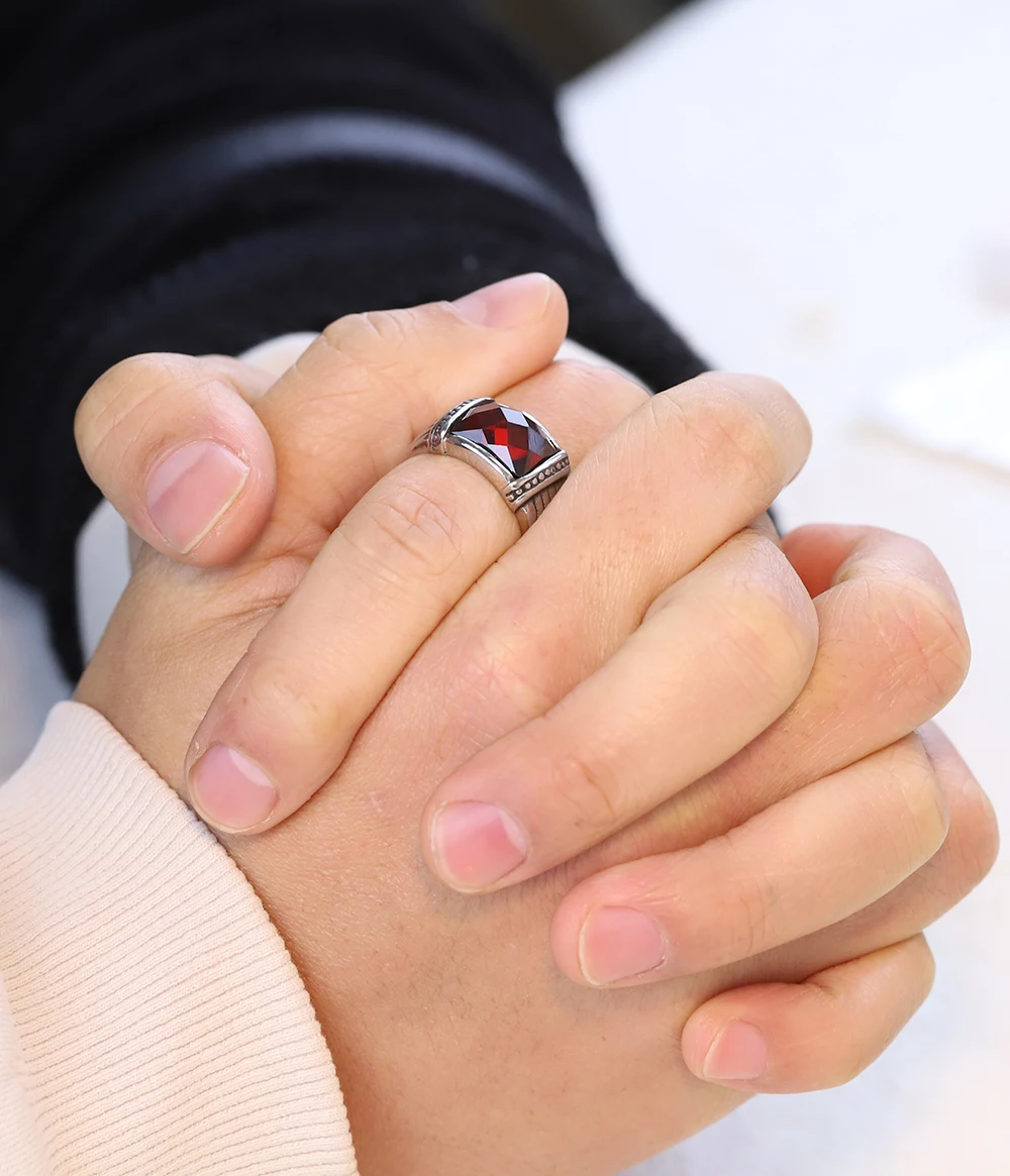 Mosaic Blue Sand Stone Pomegranate Red Stainless Steel Vintage Jewelry Men Ring Rock Rings for Party