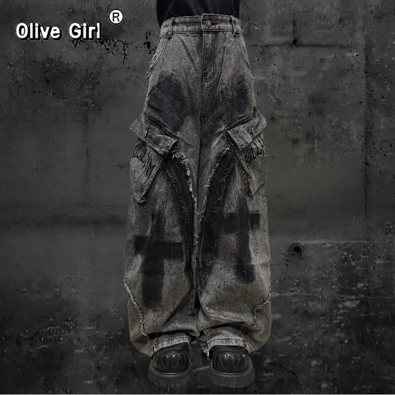 

Olivegirl Trousers High Street Wasteland Frayed Loose Denim Jeans for Women Men Y2K Hand-painted Graffiti Trousers Wide-leg Pant