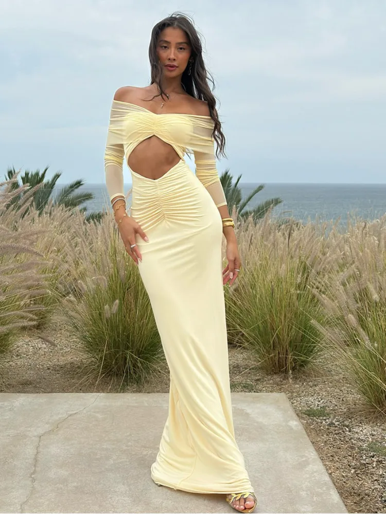 

Hollow Out Slim Bodycon Maxi Long Dress Women Off Shoulder 2025 Autumn Winter Dress Mesh Patchwork Nightclub Sexy Party Dresses