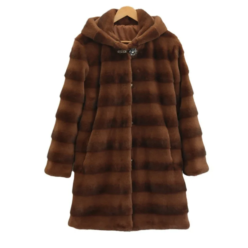 Luxury Brand Winter Women Clothing Hooded Fur Coats Mid-length Faux Fur Jacket Striped Warm Windproof Outerwear Cardigan New