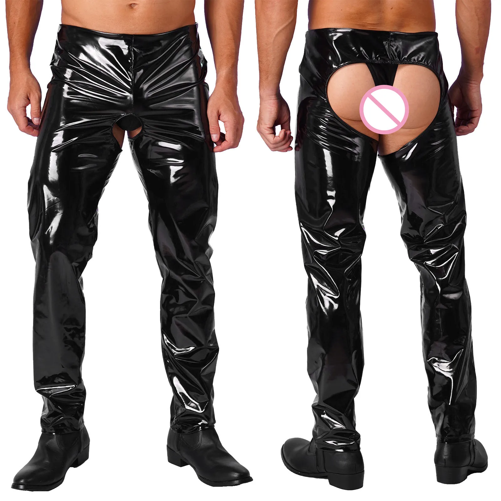 Mens Erotic Open Crotch Latex Leather Skinny Pants Wetlook Cutout Sexy Leggings Crotchless Open Butt Trousers Clubwear Stretchy