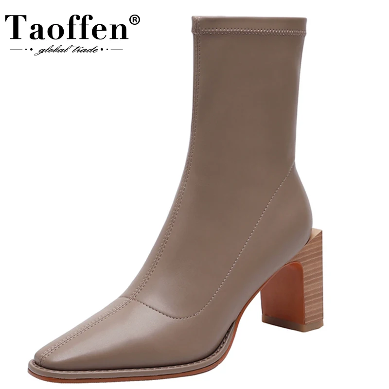 Taoffen Size 34-40 Women High Heel Boots Zip Square Heel Winter Shoes Woman Sexy Fashion Party Stretch Boots Ladies Footwear