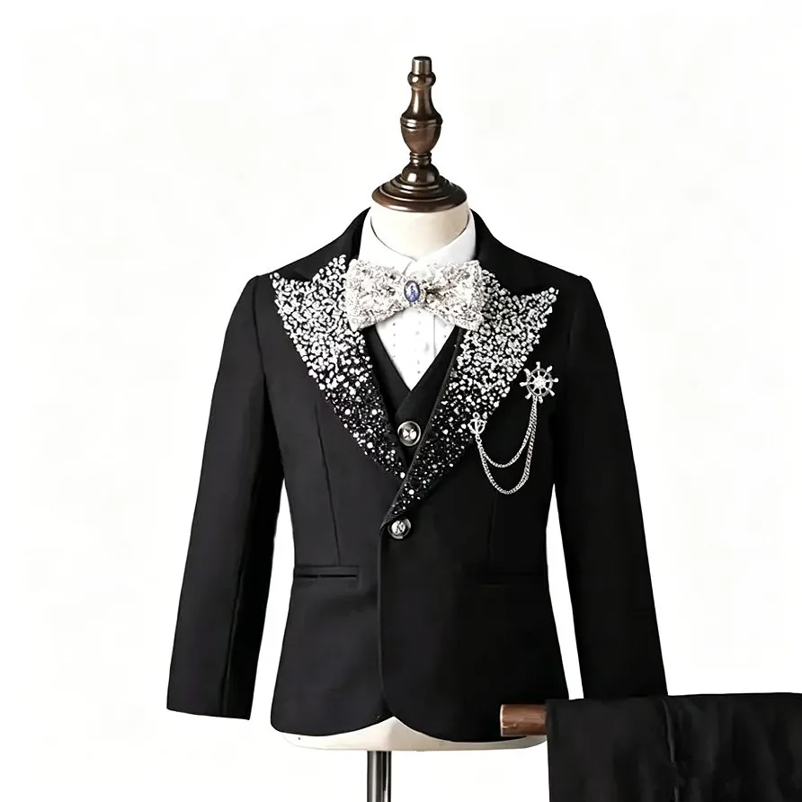 Boys Black Tuxedo Suit Set Kids Sparkly Rhinestone Lapel Blazer Vest Pants Bow Tie Children Pageant Wedding Party Costume A4236