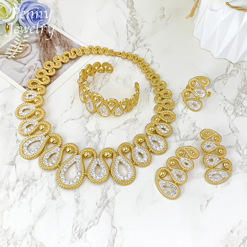 مجموعة مجوهرات فاخرة مطلية بالذهب عيار 18 قيراط في دبي وقلادة على شكل قطرة الماء وأقراط متدلية وسوار وخاتم هدايا حفلات الزفاف الأفريقية #5