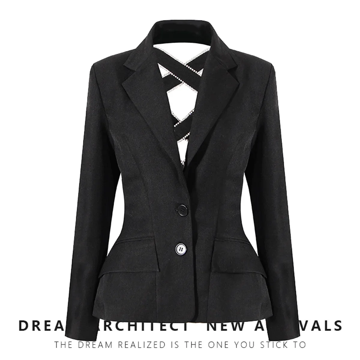 

Crystal Women Suits 1 Piece Blazer Black Jacket Lace Up Back Outfit Business Work Wear Fashion Girl Coat Sexy Hollow Prom Dress