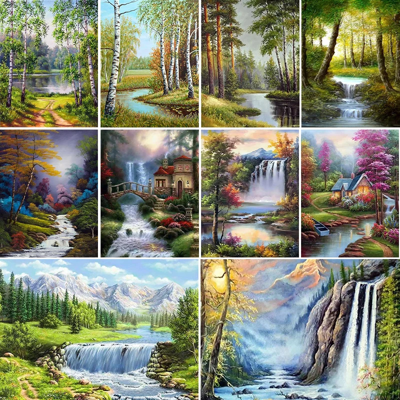 Diy Painting By Numbers Forest River Picture Crafts for Adults Acrylic Paint Drawing With Number Home Decoration On The Wall