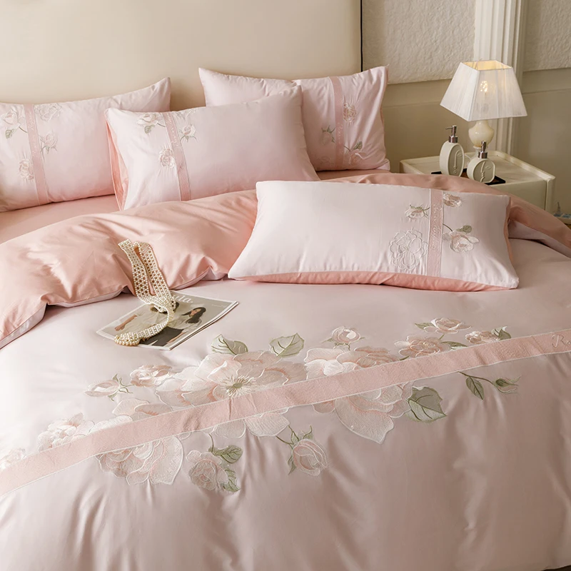 

Flowers Embroidery 100% Cotton Pink Luxury Bedding Set Duvet Cover Set Flat/Fitted Bed Sheet Pillowcases 4Pcs Home Textiles