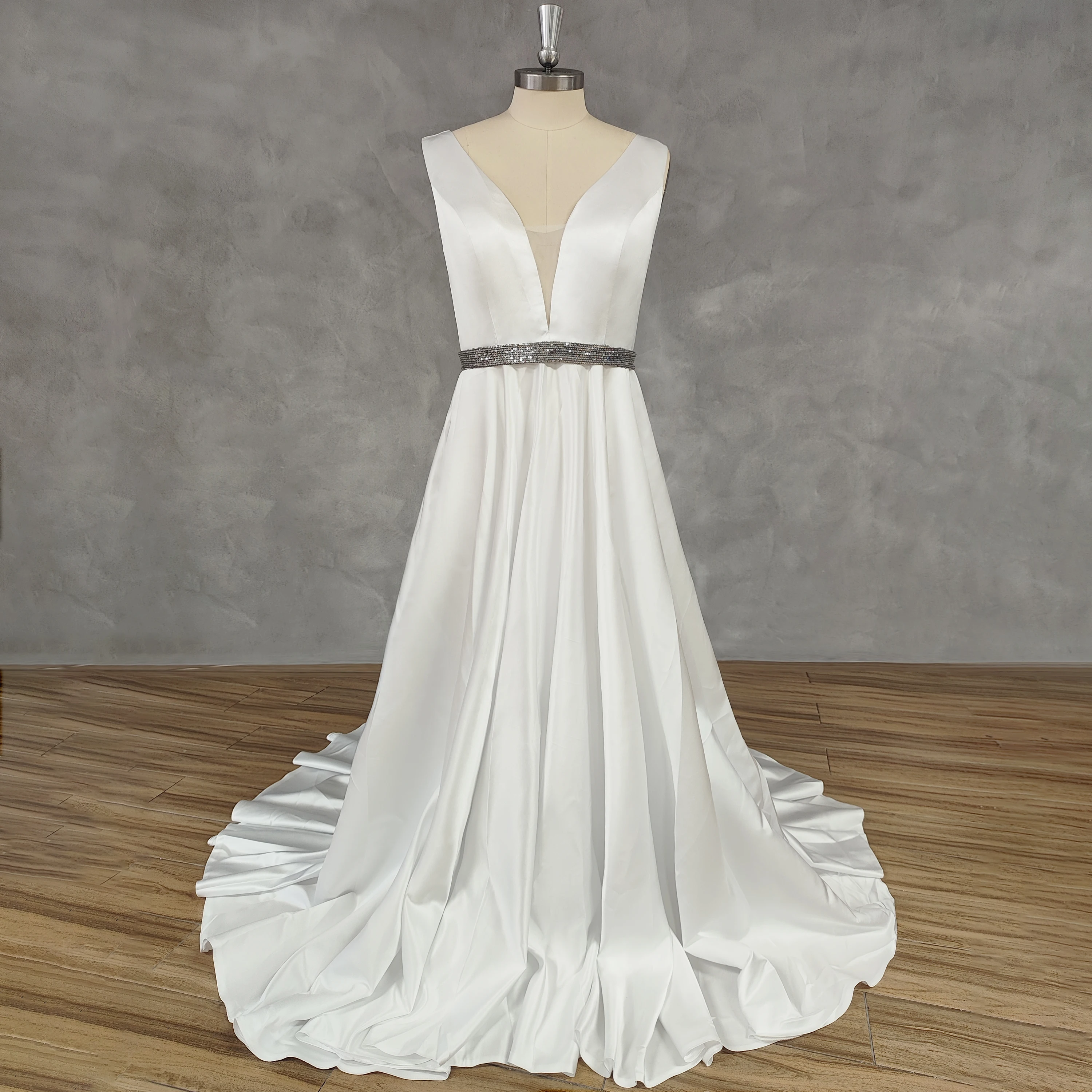 DIDEYTTAWL Real Picture Deep V-Neck Sleeveless Satin Wedding Dress Rainestone Open Back High Side Slit Bridal Gown