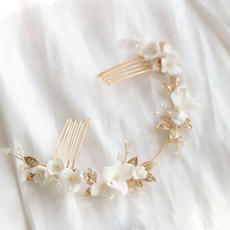 SLBRIDAL Handmade Alloy Leaf Porcelain Flower Pearls Bridal Hair Comb Wedding Headpieces Women Girls Jewelry Hair Accessories