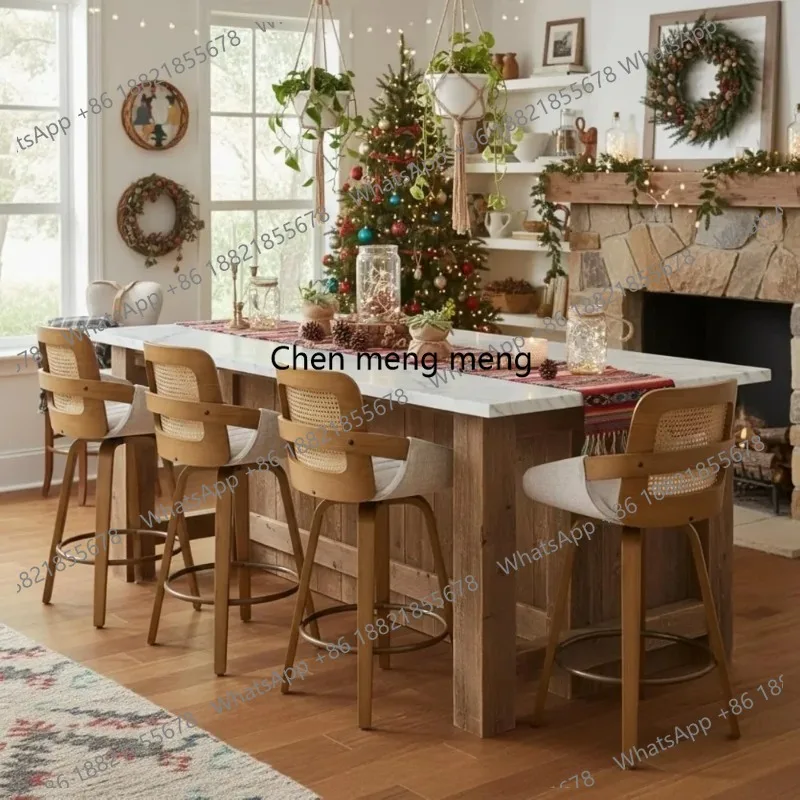 

360°Swivel Bar Stools Set of 4, Upholstered 26” Bar Stools with Rattan Back, Modern Rotating Wood Counter Stools Customized