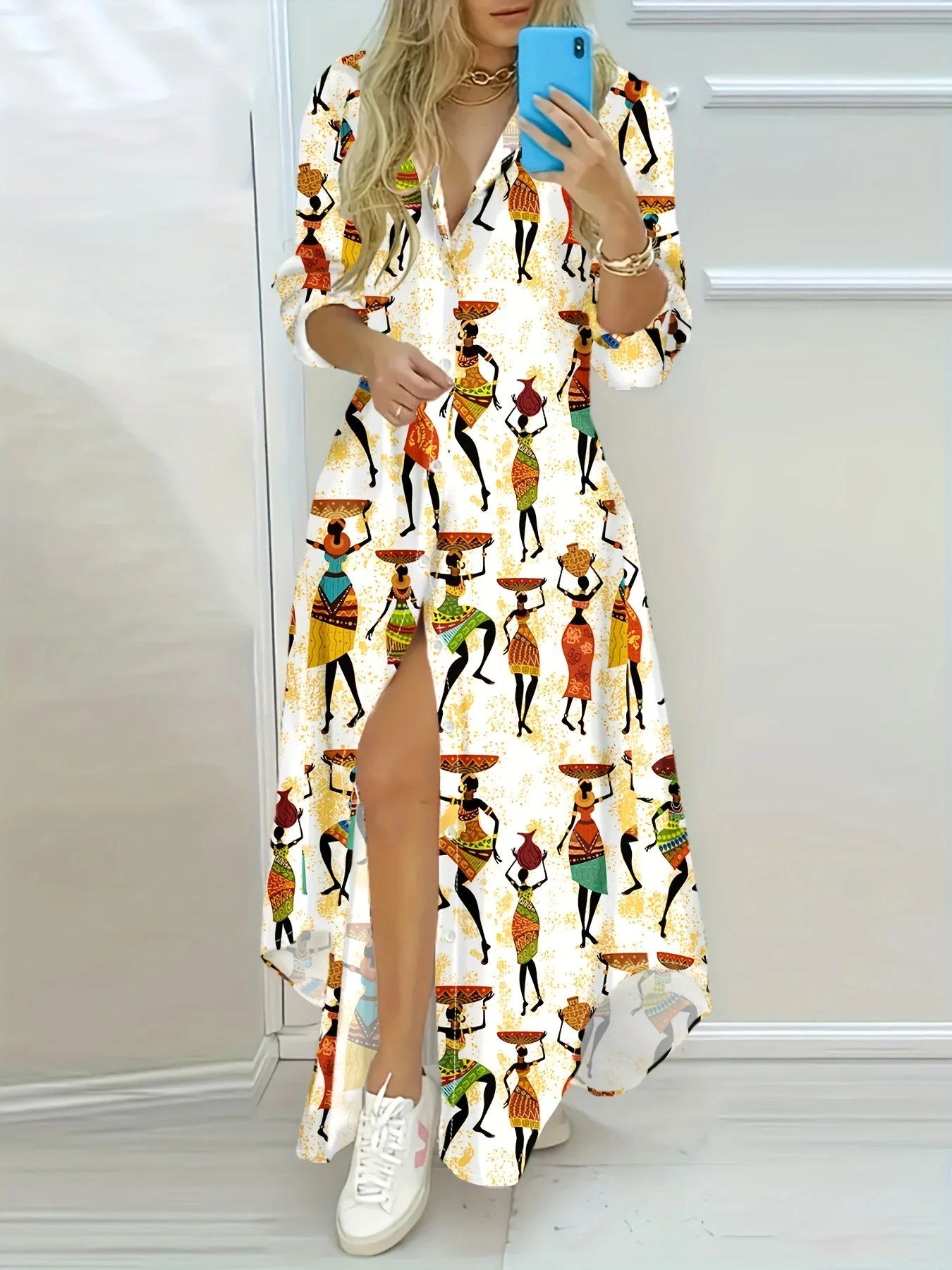 Lässiges Langarmkleid mit buntem Porträtdruck im Vintage-Stil, A-Linien-Midikleid für Damen, Herbst-Winter-Modekleidung