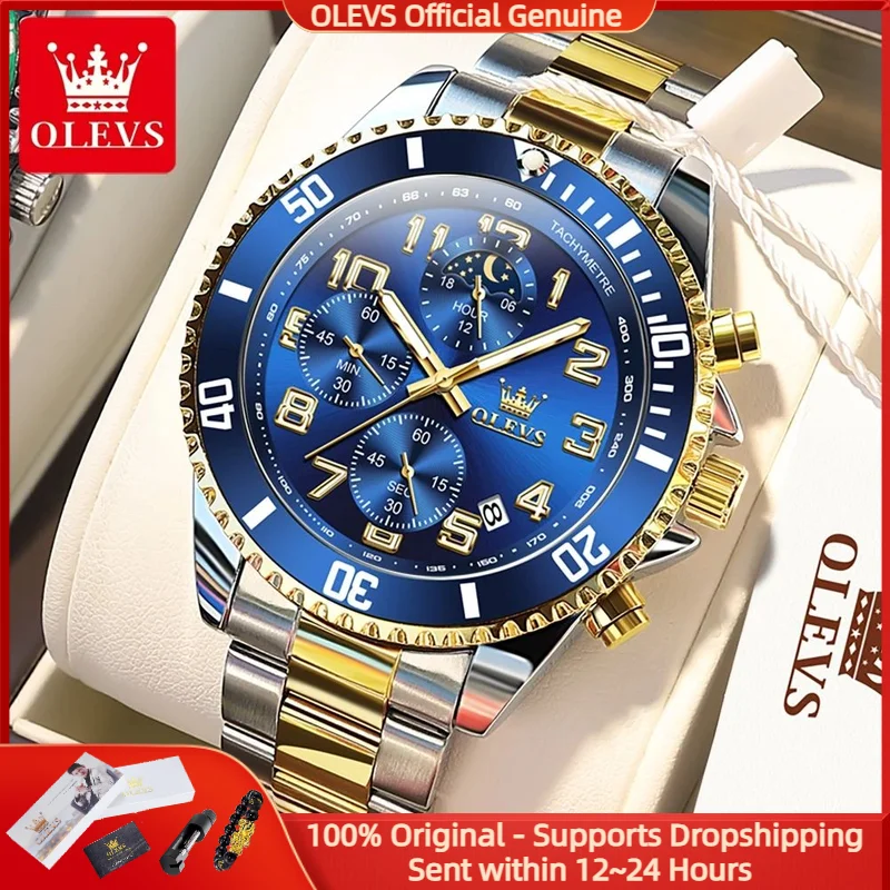 

OLEVS 2926 Men Watch Luxury Brand Gold Quartz Watch New Three Small Dial Waterproof Moonphase Timing Code Watch Sport Men Watch