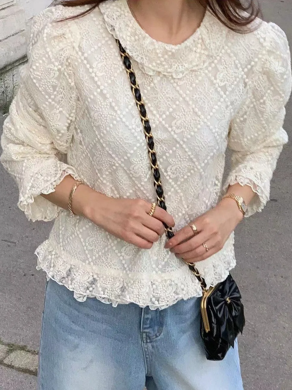 

Ele ort Lace irt Женская корейская блузка Sweet Matchable Bell Sve с рюшами Sensation Chic Faionable Top