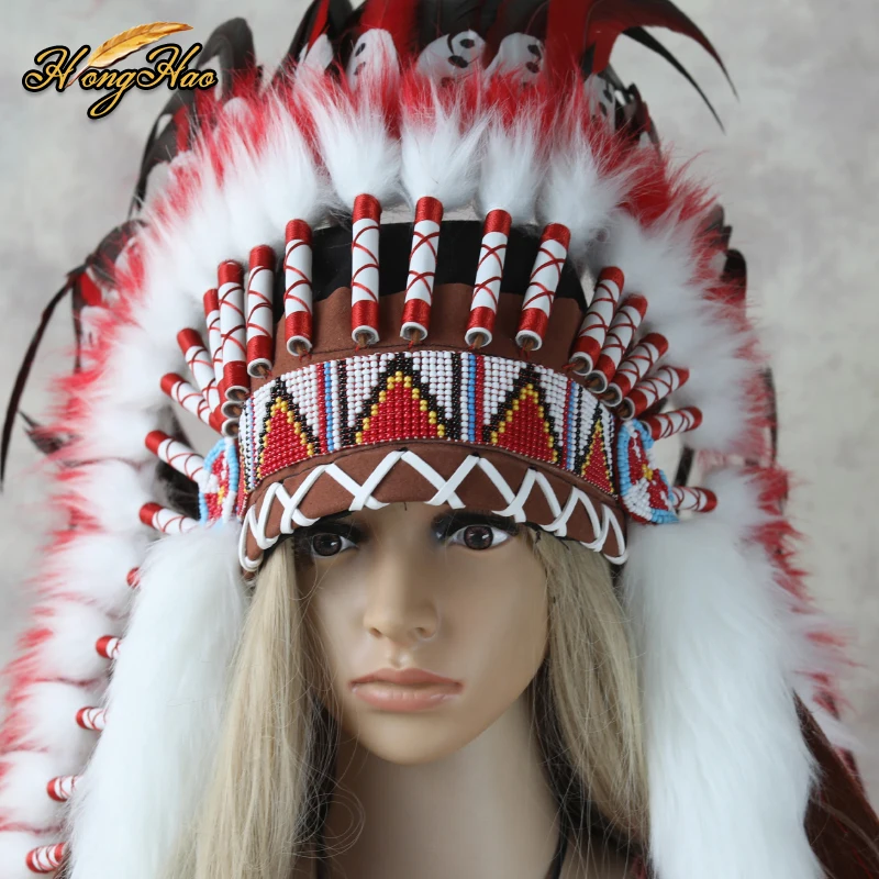 Customized Handmade Big Red Indian Feather Headdress Replica Made Cosplay Headpiece Costumes Decoration Halloween Party Hat