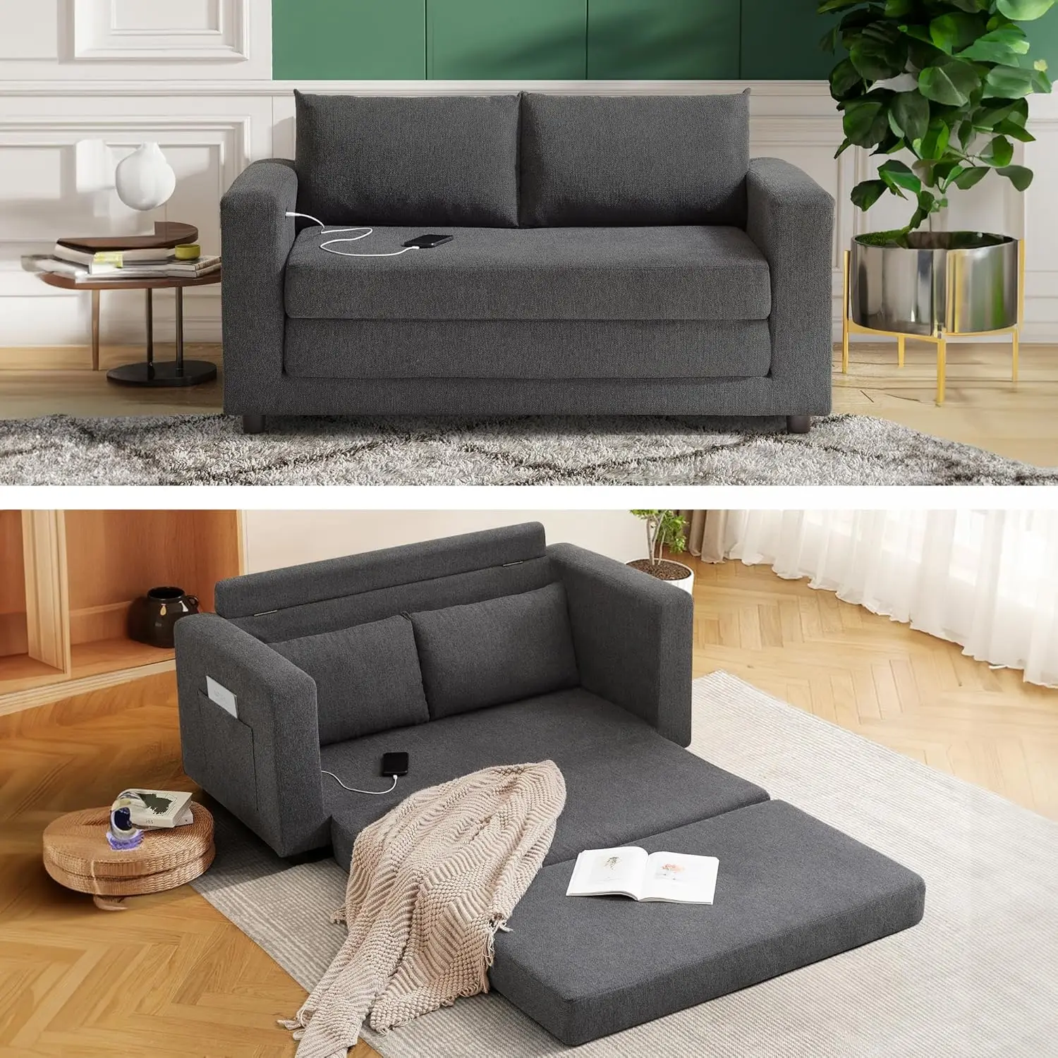 

Convertible Sofa Bed Comfy Linen Sleeper Sofa with Storage Pockets,USB Charging Port,Futon Floor Couch for Living Room,Bedroom,A