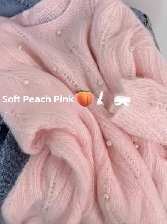 

Soft Pink Sweater Women's Heavy Embroidery Hollow out Knitted Sweater Autumn Sweet Sle Faion Set Tee Pieces Polyester F...