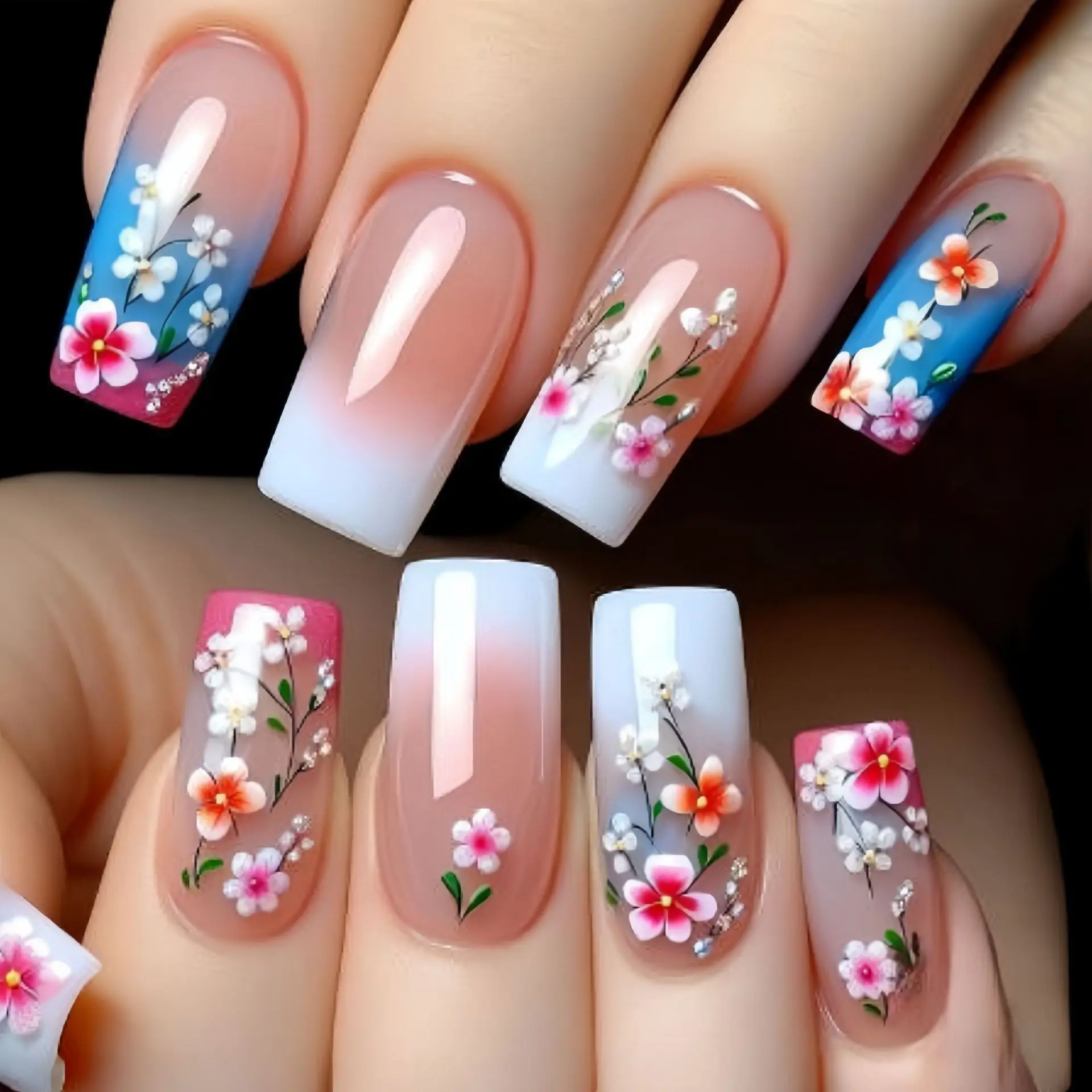 

24Pcs Mid-length Square Head Fake Nails Blue Pink White Gradient Press on False Nails with Flower Wearable Full Cover Nails Tips
