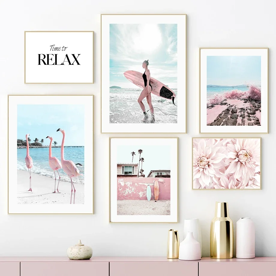 Nordic Beach Flamingo Coconut Tree Seagull Peony Wall Art Canvas Painting Posters and Prints Wall Pictures for Living Room Decor