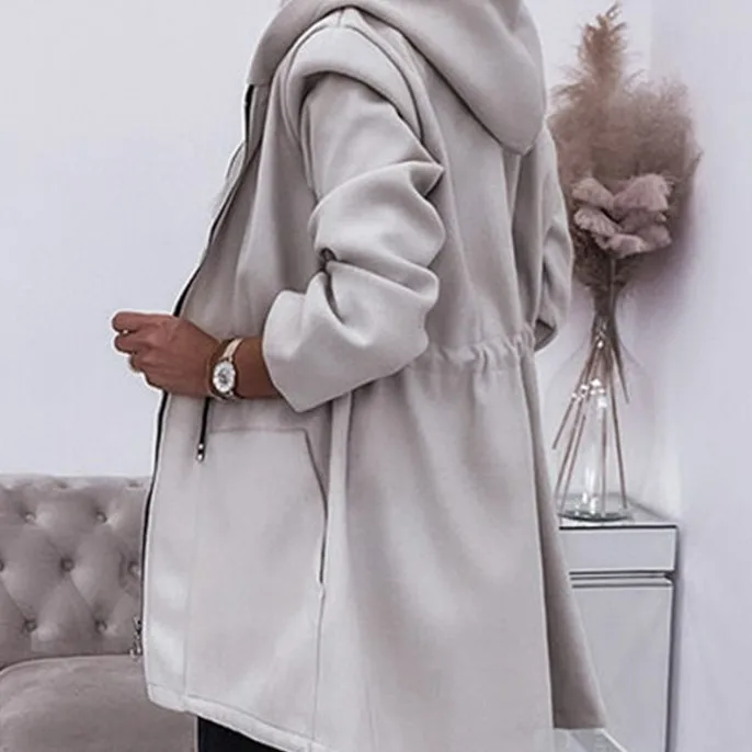 

NewWomen Hooded Zipper Coats Full Sleeved Thick Jackets Solid Tight Waist Spliced Midi Length Coat Pockets Casual Regular