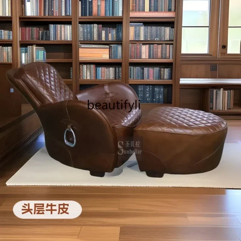 

xzzS American oil wax leather saddle, cow fur sofa recliner, living room bedroom study cigar chair