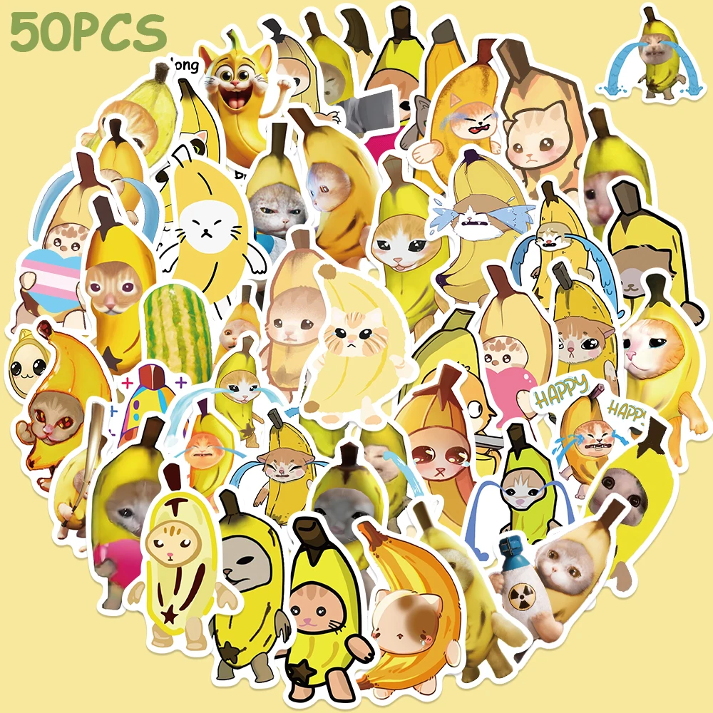 

50pcs Banana Cat Memes Stickers Cute Cartoon Decals For Kids Laptop Luggage Fridge Guitar Skateboard Scrapbook Stickers