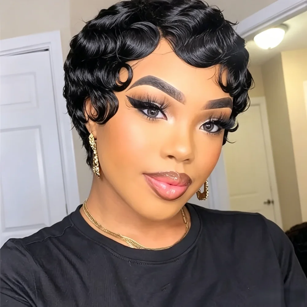 

Short Finger Wave Pixie Wig Human Hair, Full Machine Made Finger Waves Short Wigs for Women, Vintage Finger Wave Human Hair Wig