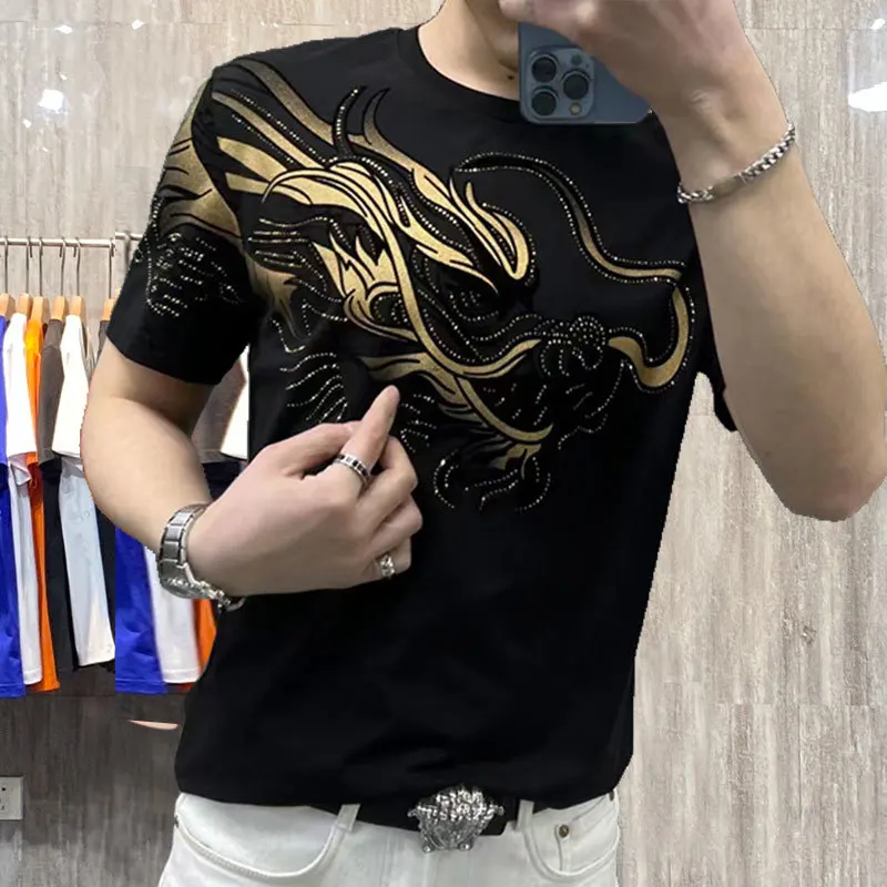 Luxury Men\'s Premium Comfortable Short Sleeve T-shirt 2023 Summer New Round Neck Hot Diamond Popular Versatile Short Sleeve