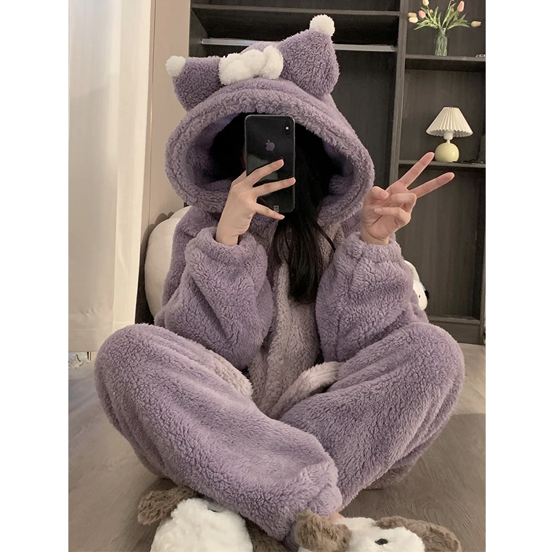 2Pcs New Kawaii Kuromi Coral Velvet Pajamas Woman Anime Cartoon Autumn Winter Student Keep Warm Thicken Loungewear Nightgown Set