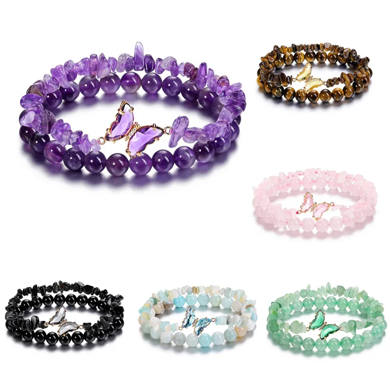 2pc Butterfly Bracelet Set Natural Stone Amethyst Rose Quart Aventurine Gravel Chip Round Beaded Bracelet Set for Women Jewelry