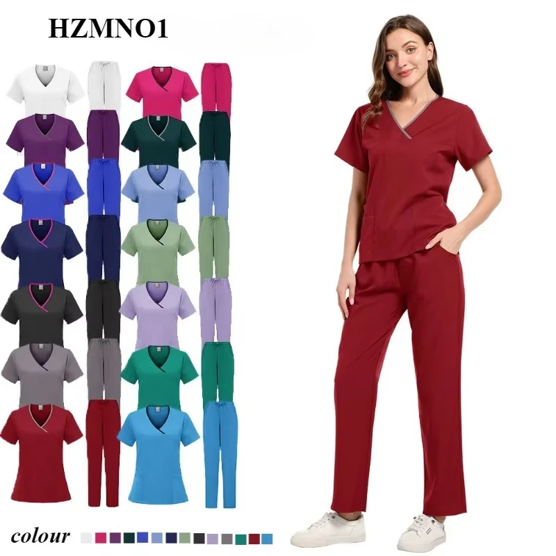 Offre spéciale hauts pantalons droits clinique pour animaux de compagnie blouses d'allaitement ensembles d'uniformes femmes 14 couleurs extensible uniforme médical ensemble de gommages d'été