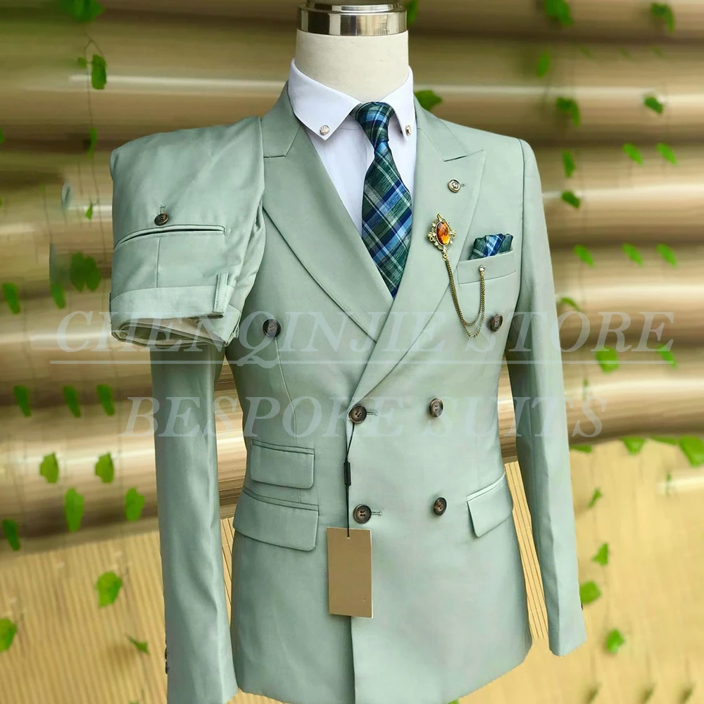 

Формальные двубортные мужские костюмы на заказ, однотонные, с пиковыми лацканами, приталенный, комплект из двух предметов, куртка, брюки, полный комплект, наряд высокого качества