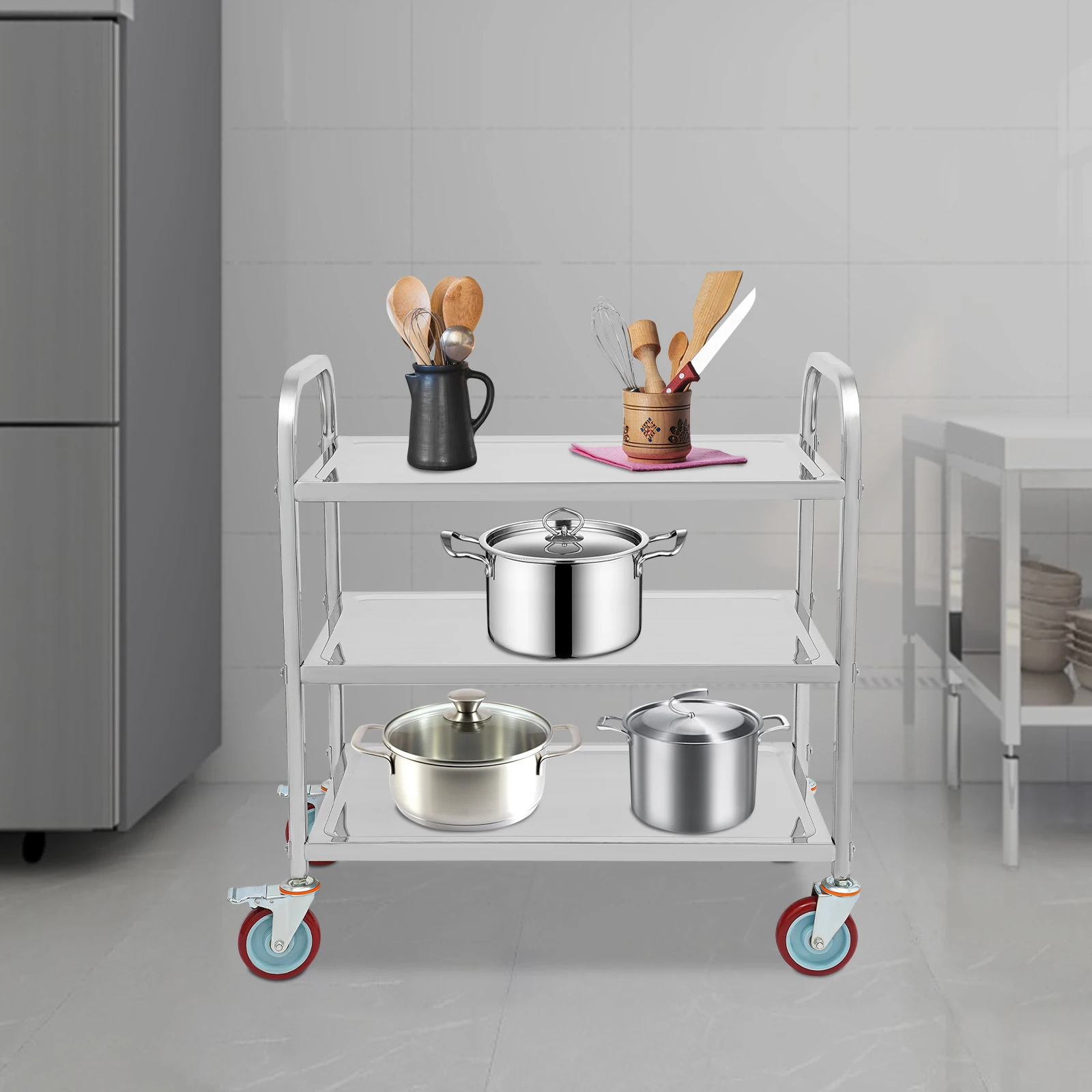 3-layer Stainless Steel Kitchen Trolley Cart Utility Serving Storage Rolling Car Shelf, Kitchen Trolley Car 33.5*17.4*35.4 inch