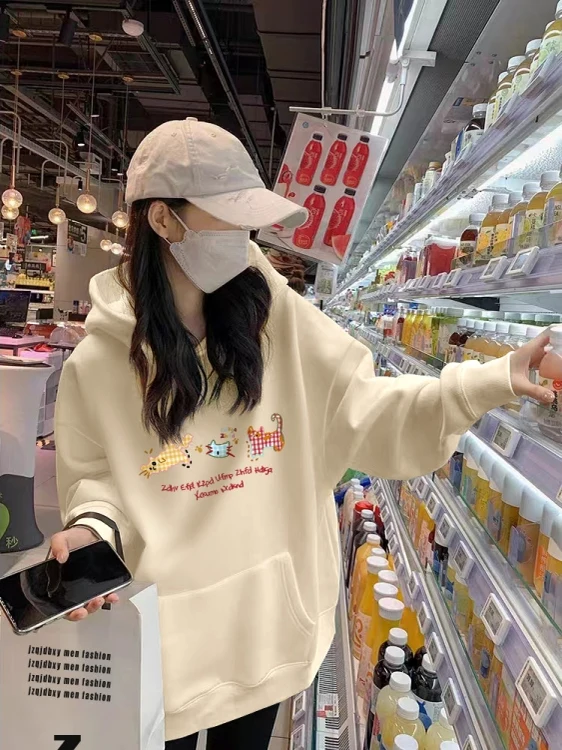 

Hooded Fce Women's Sweatirt Long Sve Cartoon Print Inner Lined Casual Streetwear Sle Autumn New Arrival