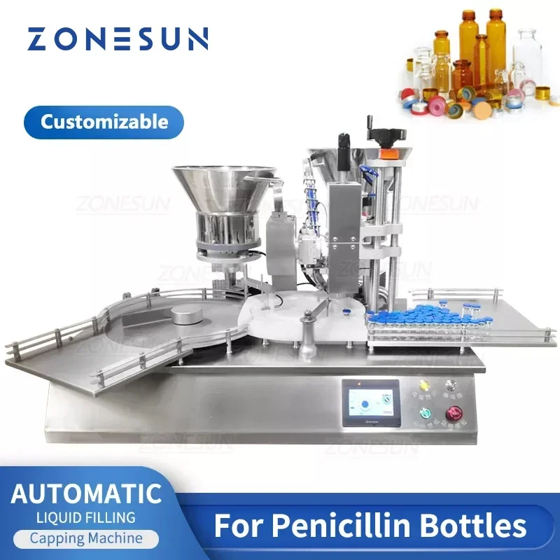 ZONESUN-máquina automática de prensado de tapas de llenado de botellas de penicilina líquida Oral de escritorio con alimentador de tapas