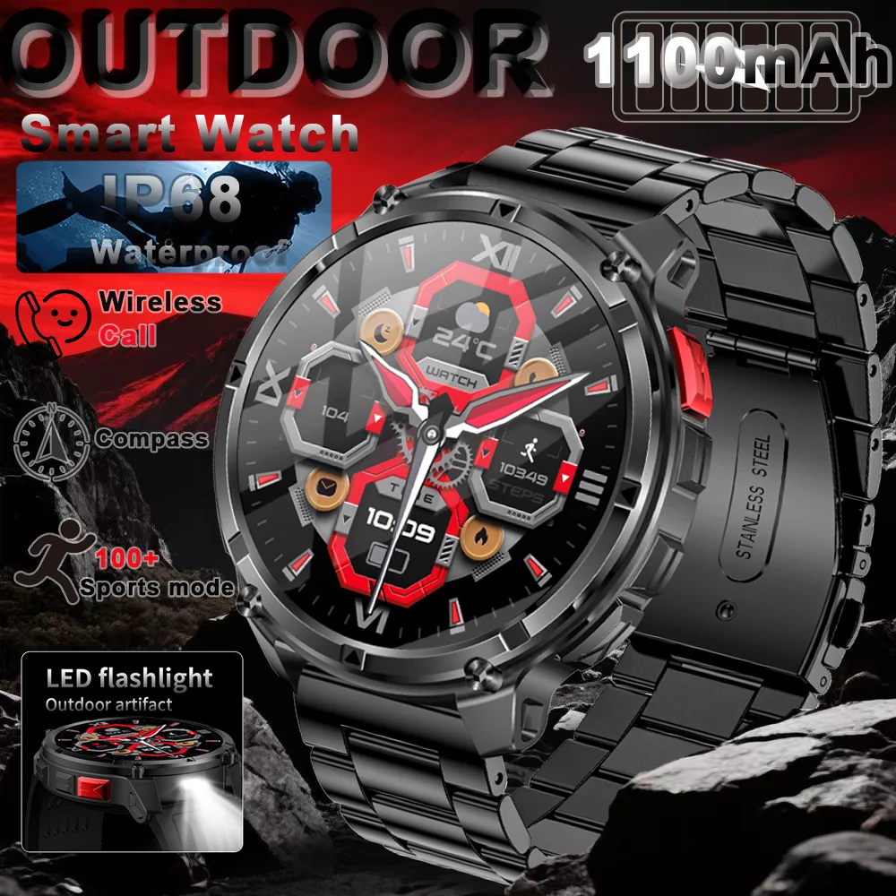 

Outdoor Sport 1100mAh Battery Smart Watch HT33 LED Flashlight Message Push Heart Rate IP68 Waterproof Bluetooth Call Smartwatch