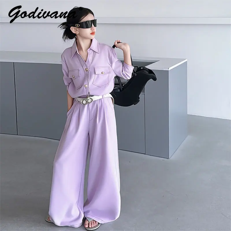 Teens Girls Fashion Retro Shirt and Wide-leg Pants Set 2026 New Premium Elegant Short-sleeve Blouse and Pants 2pcs Casual Outfit