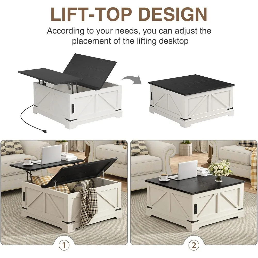 Farmhouse Lift Top Coffee Table with Hidden Storage, 35.4" W Wood Square Center Table with Charging Station, Rustic Cocktail