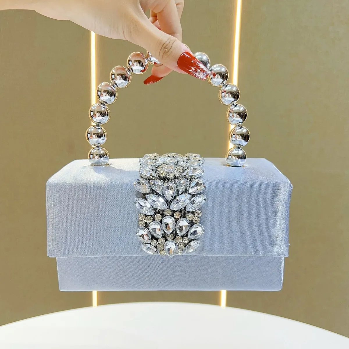 Sparkling Rhinestone Pearl Box Bag Women’s Satin Square Clutch Elegant Handheld Crossbody Purse Fashion Dolly Shoulder Handbag