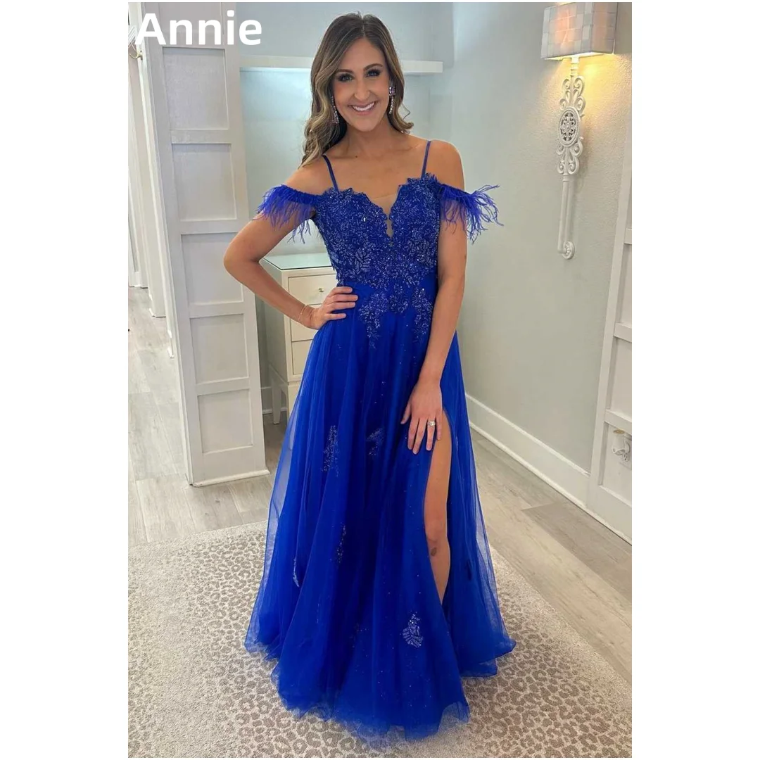 Annie Navy Blue Wedding Dress Embroidered Gitter Beaded Feathers Prom Dresses Sexy Backless Cocktail Dresses Vestidos DeFiesta