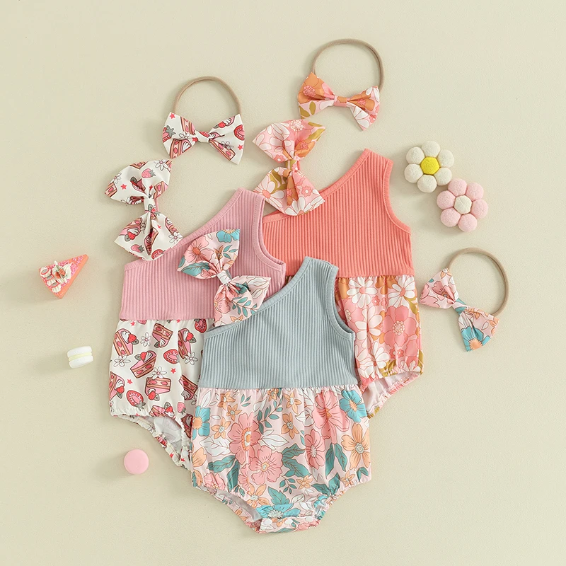 Newborn Girl Outfit, Asymmetric Flower Print Sleeveless Romper with Bow Hairband Summer Clothes