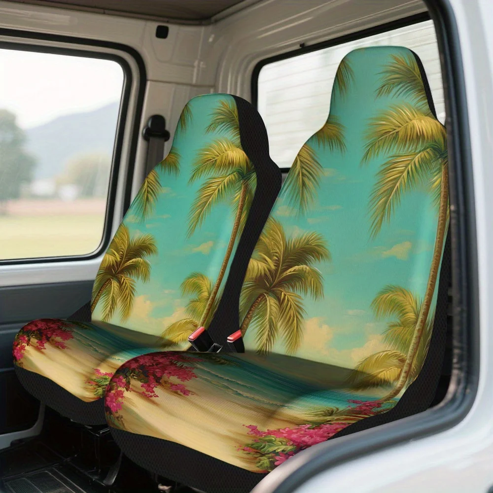 2pcs Tropical Beach Paradise Car Seat Covers - Turquoise & Pink Palm Tree Design, Durable All-Season Front Seat Protectors, Easy